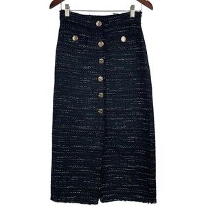 NWT Zara Medium Blogger's Favorite Pencil Midi Skirt Black Tweed Gold Buttons